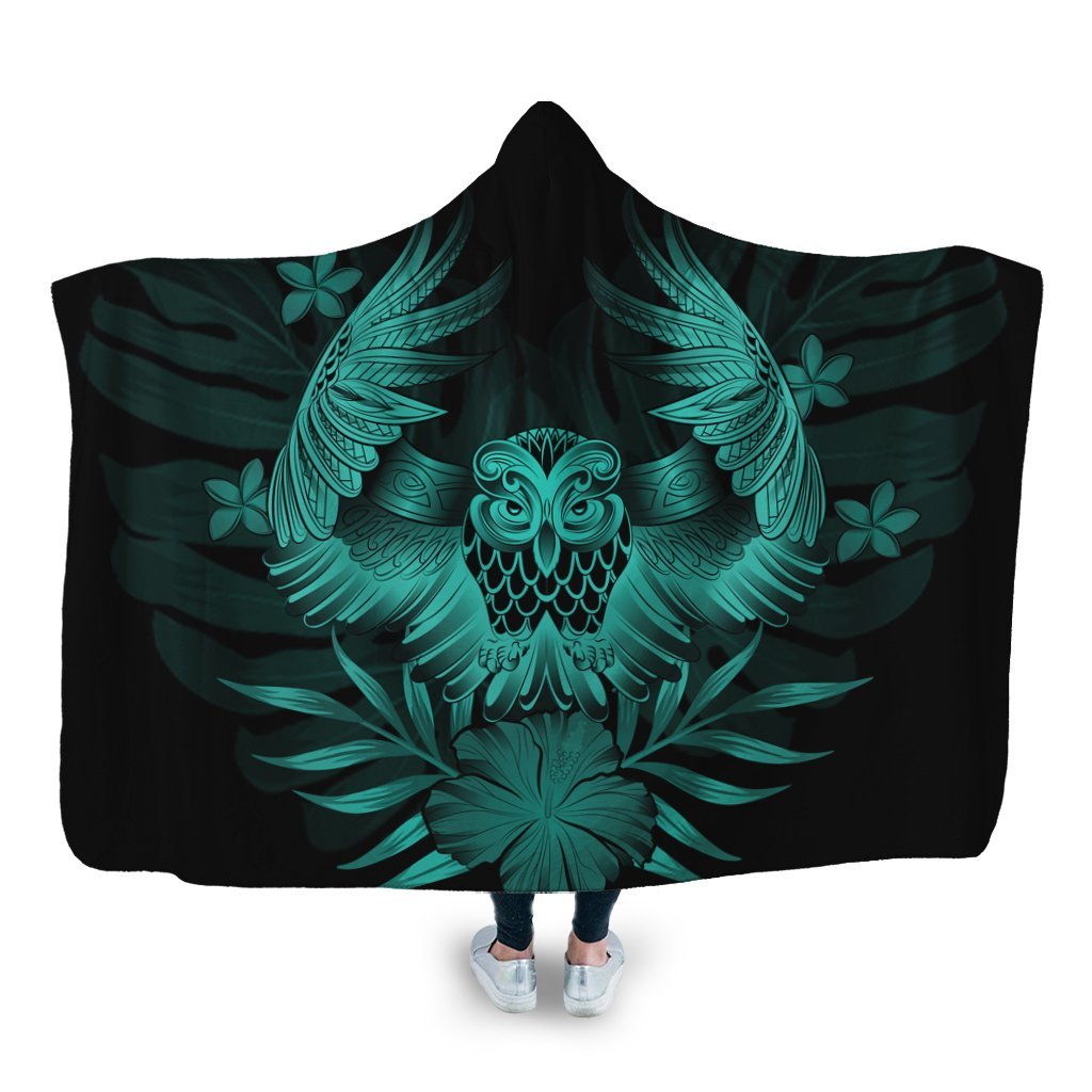 Hawaiian Owl Hibiscus Plumeria Polynesian Hooded Blanket - Turquoise - AH Hooded Blanket White - Polynesian Pride