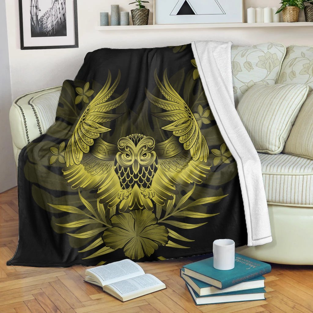 Hawaiian Owl Hibiscus Plumeria Polynesian Premium Blankets - Yellow - AH White - Polynesian Pride