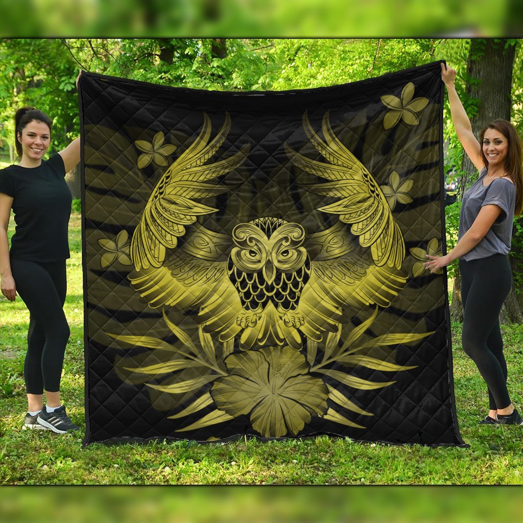 Hawaiian Owl Hibiscus Plumeria Polynesian Premium Quilts - Yellow - AH Black - Polynesian Pride