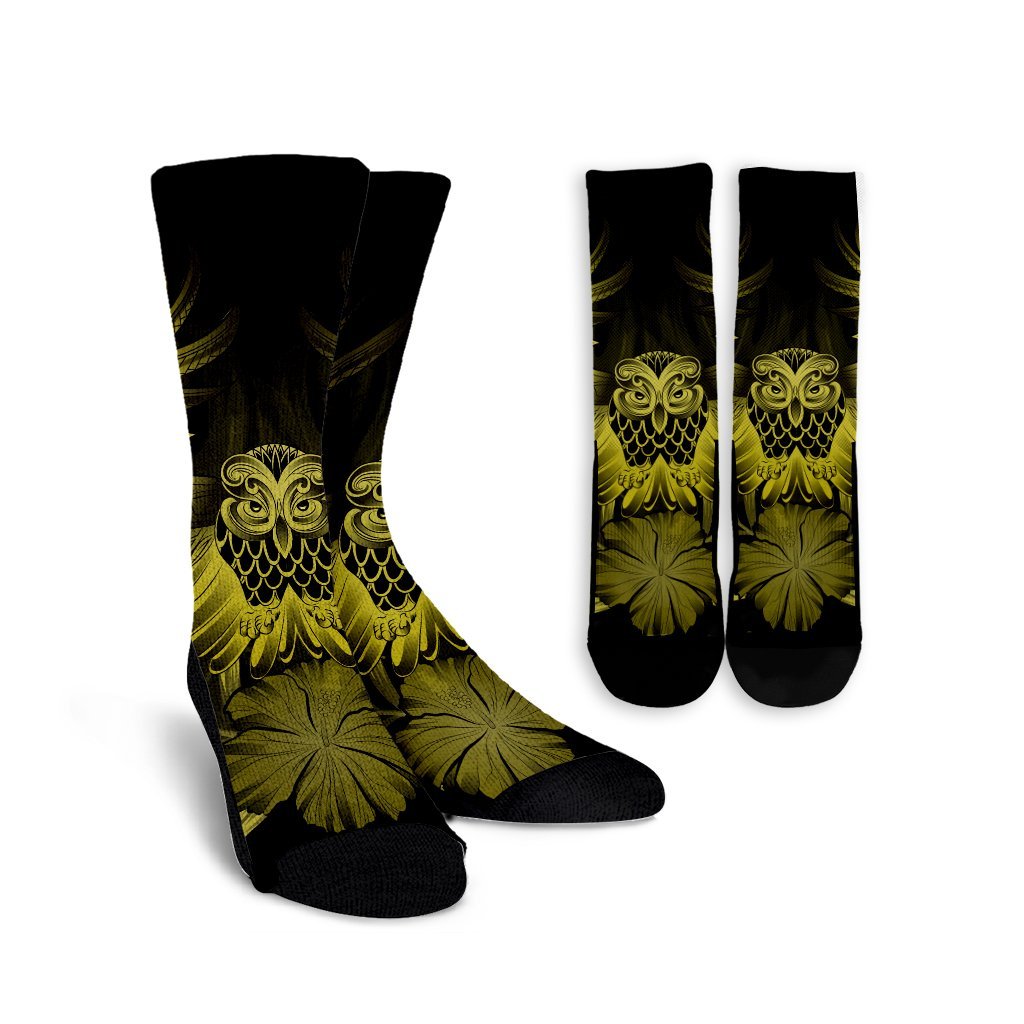 Hawaiian Owl Hibiscus Plumeria Polynesian Crew Socks - Yellow - AH Crew Socks White - Polynesian Pride
