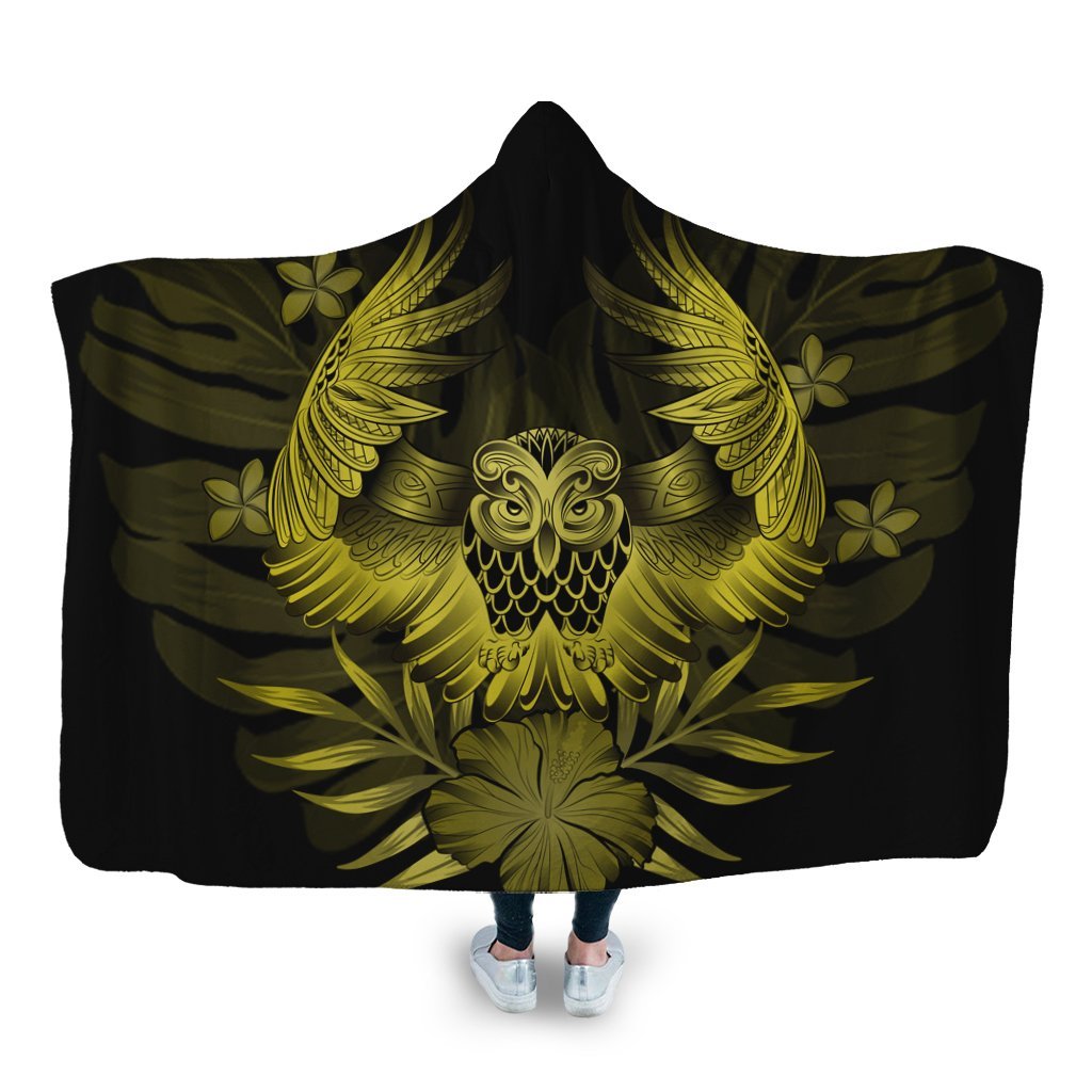 Hawaiian Owl Hibiscus Plumeria Polynesian Hooded Blanket - Yellow - AH Hooded Blanket White - Polynesian Pride