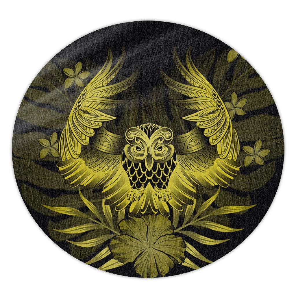 Hawaiian Owl Hibiscus Plumeria Polynesian Round Carpet - Yellow - AH Round Carpet Luxurious Plush - Polynesian Pride