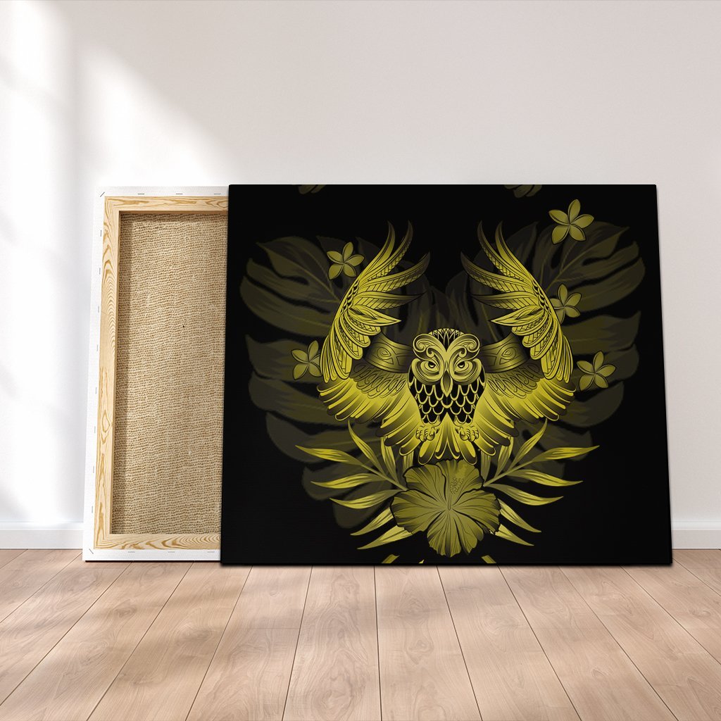 Hawaiian Owl Hibiscus Plumeria Polynesian Canvas - Yellow - AH Canvas Poly-cotton - Polynesian Pride