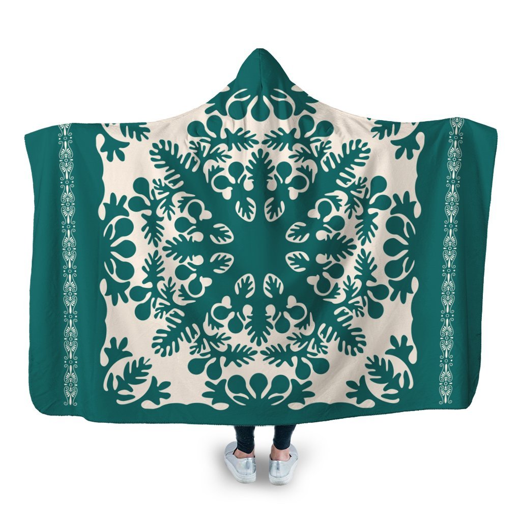 Hawaiian Palm Tree Quilt Tradition Turquoise Hooded Blanket - AH Hooded Blanket White - Polynesian Pride