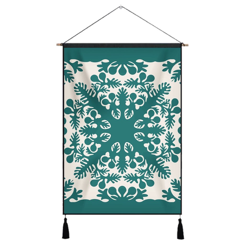 Hawaiian Palm Tree Quilt Tradition Turquoise Hanging Poster - AH Hanging Poster Cotton And Linen - Polynesian Pride