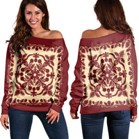 Hawaiian Palm Tree Quilt Vintage Women's Off Shoulder Sweater - AH Black - Polynesian Pride
