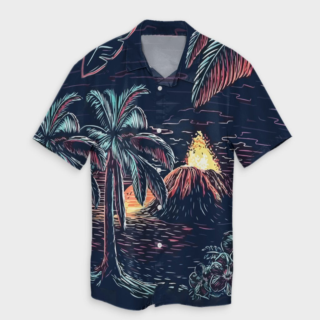 Hawaiian Palm Tree Volcano Night On The Land Hawaiian Shirt - AH Unisex Black - Polynesian Pride