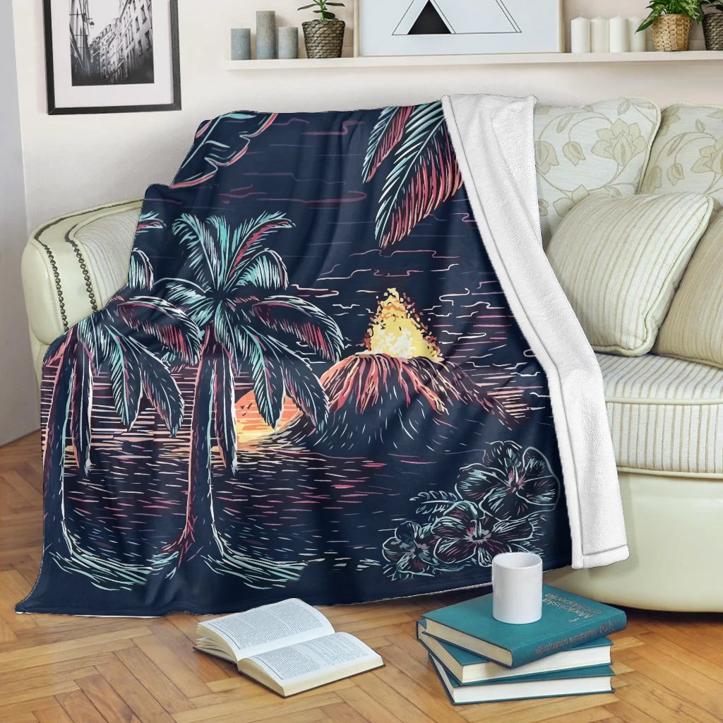 Hawaiian Palm Tree Volcano Night On The Land Premium Blankets - AH White - Polynesian Pride