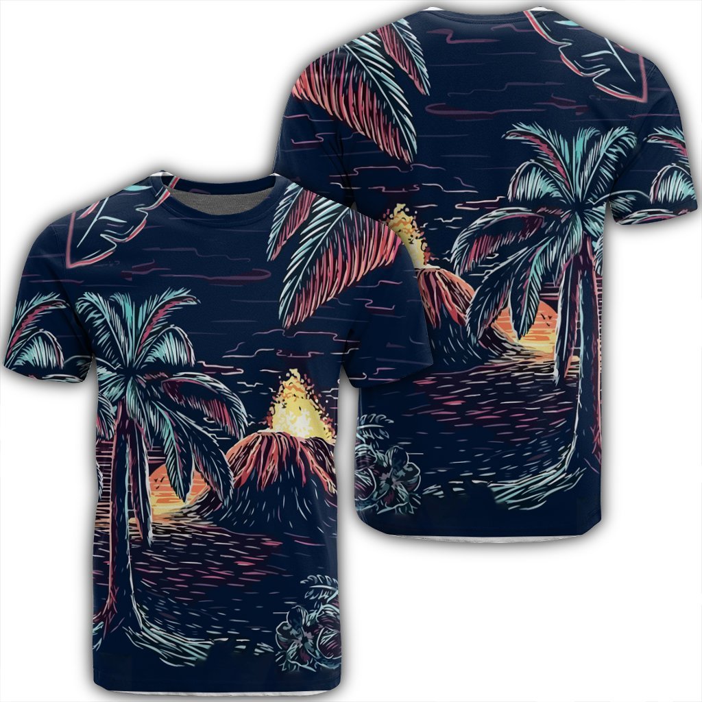 Hawaiian Palm Tree Volcano Night On The Land T Shirt AH Unisex Black - Polynesian Pride