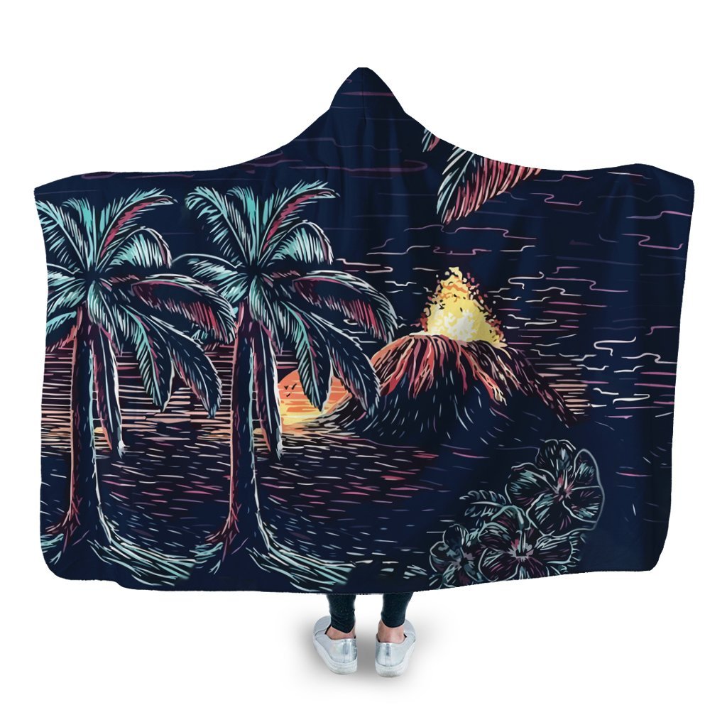 Hawaiian Palm Tree Volcano Night On The Land Hooded Blanket - AH Hooded Blanket White - Polynesian Pride