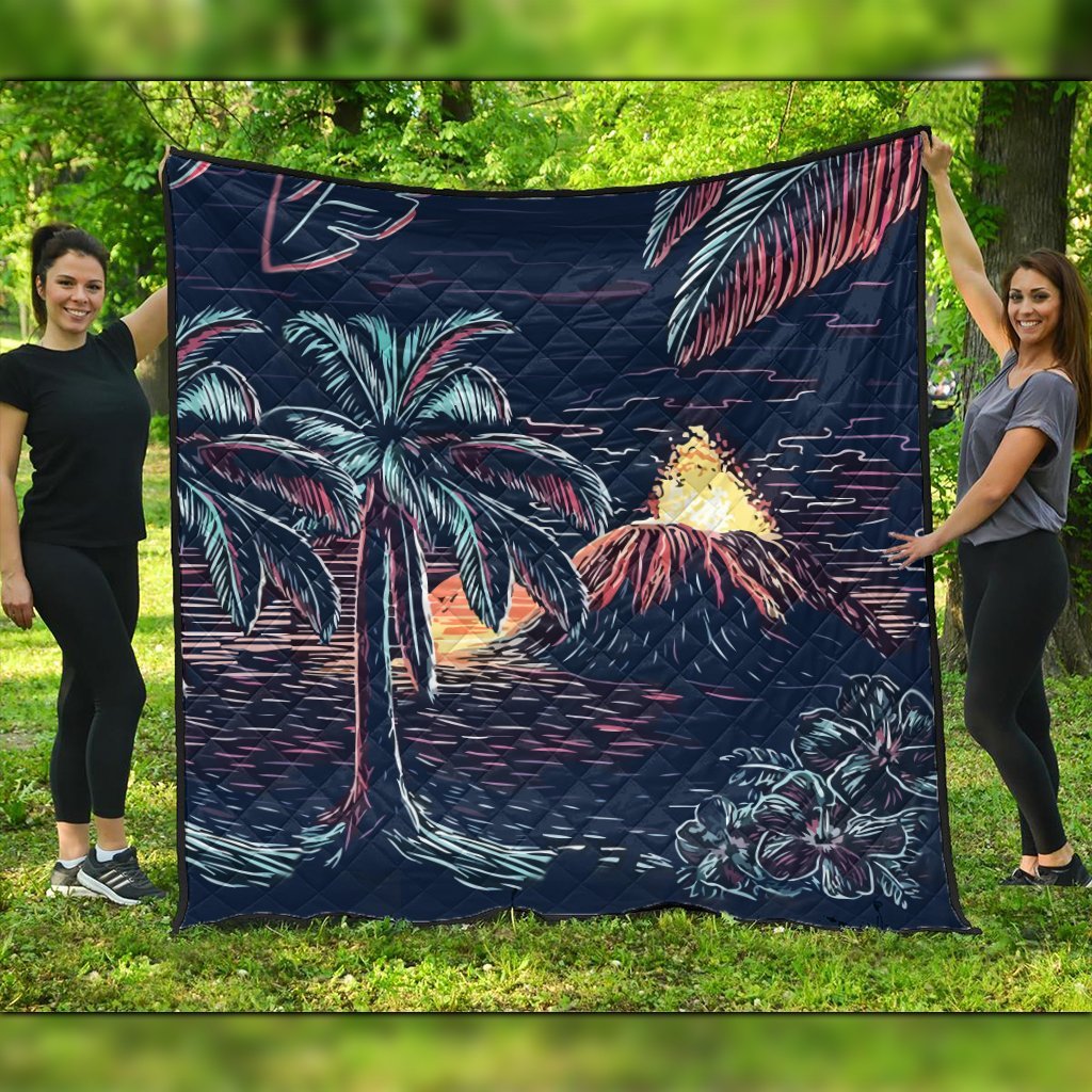 Hawaiian Palm Tree Volcano Night On The Land Premium Quilts - AH Black - Polynesian Pride