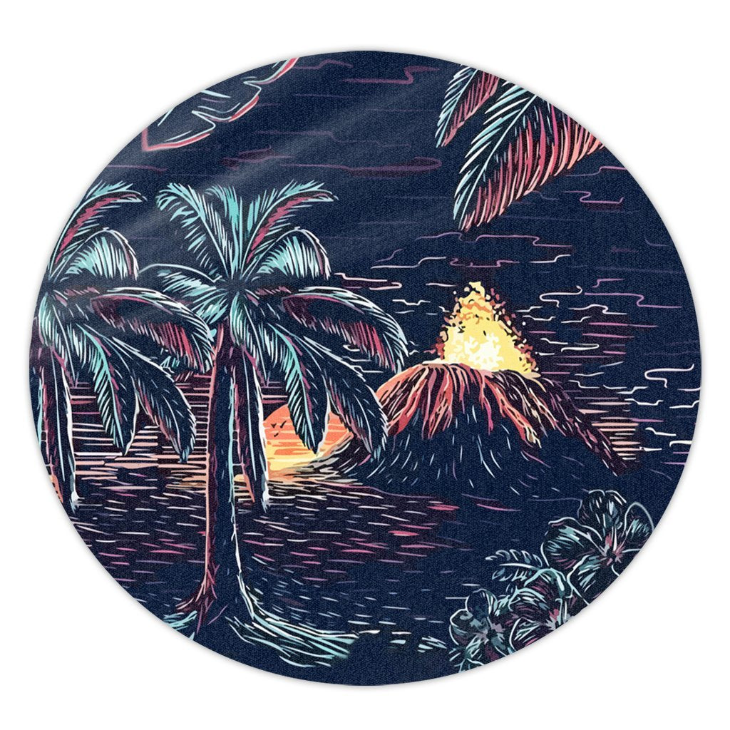 Hawaiian Palm Tree Volcano Night On The Land Round Carpet - AH Round Carpet Luxurious Plush - Polynesian Pride