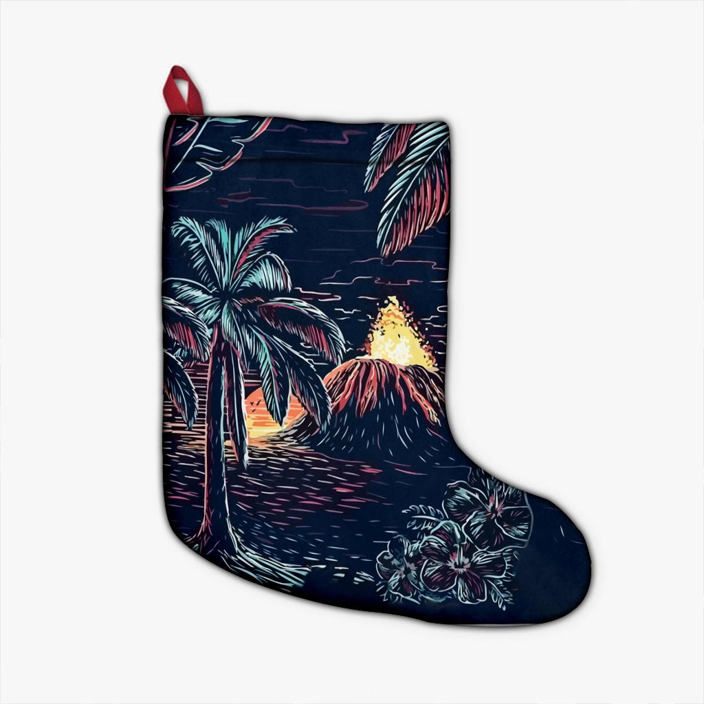 Hawaiian Palm Tree Volcano Night On The Land Christmas Stocking - AH Christmas Stocking 26 X 42 cm Black - Polynesian Pride