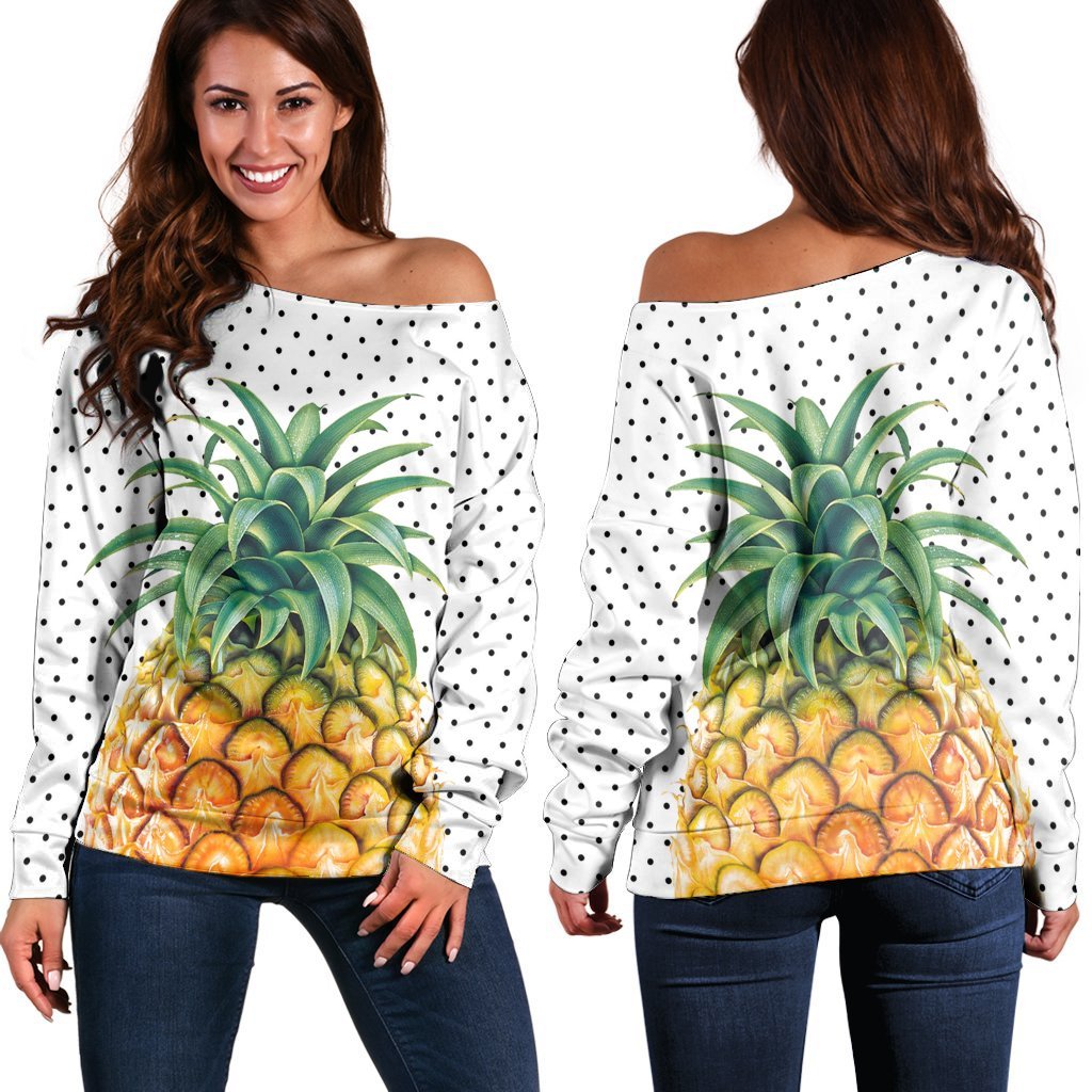 Hawaiian Pineapple Polka Dots Background Polynesian Women's Off Shoulder Sweater - AH Black - Polynesian Pride