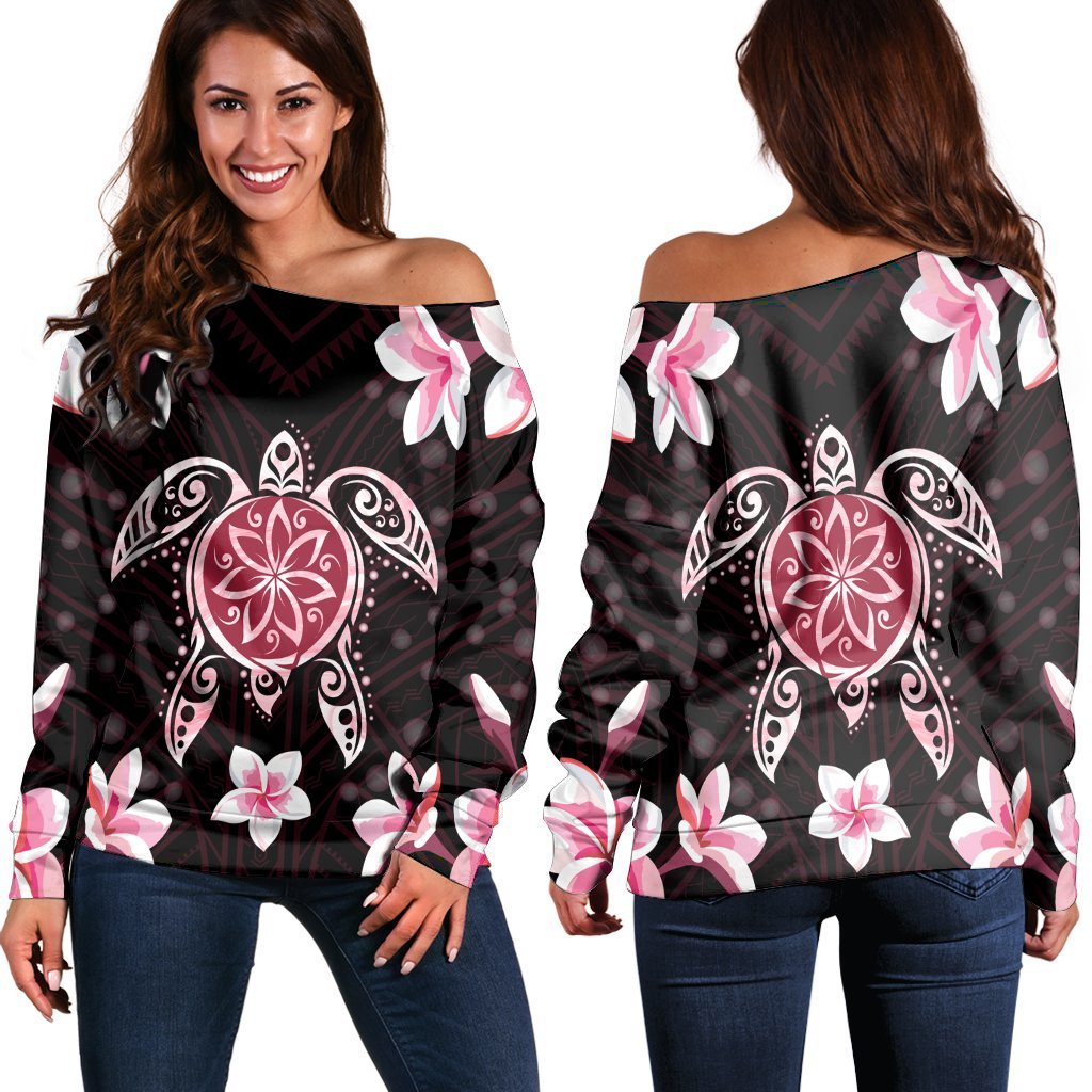 Hawaiian Pinky Turtle Plumeria Women's Off Shoulder Sweater AH Black - Polynesian Pride