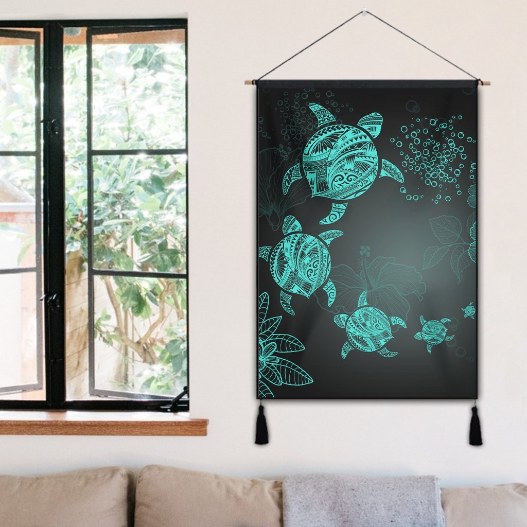 Hawaiian Plumeria Hibiscus Turtle Under Sea Polynesian Hanging Poster Blue AH - Polynesian Pride