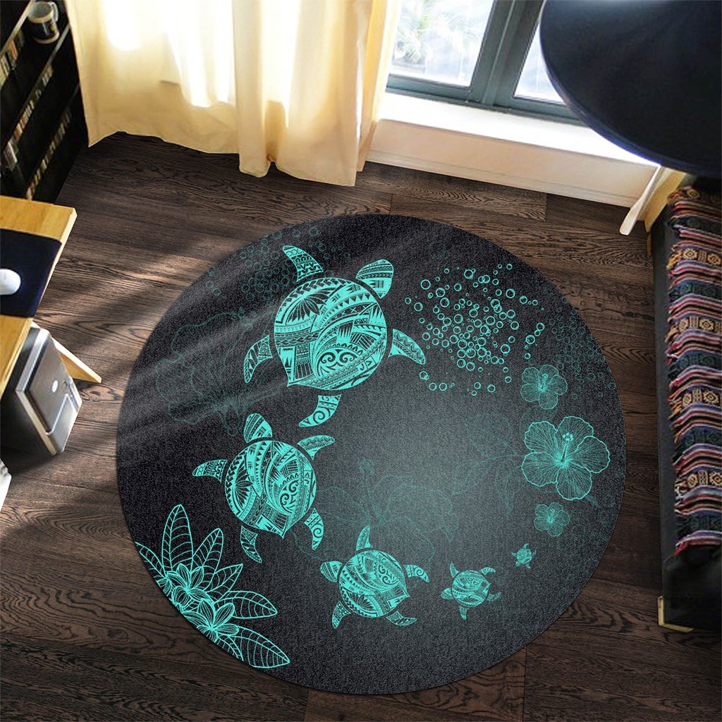 Hawaiian Plumeria Hibiscus Turtle Under Sea Polynesian Round Carpet Blue AH - Polynesian Pride
