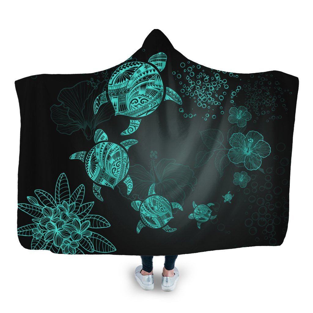 Hawaiian Plumeria Hibiscus Turtle Under Sea Polynesian Hooded Blanket Blue AH Hooded Blanket White - Polynesian Pride