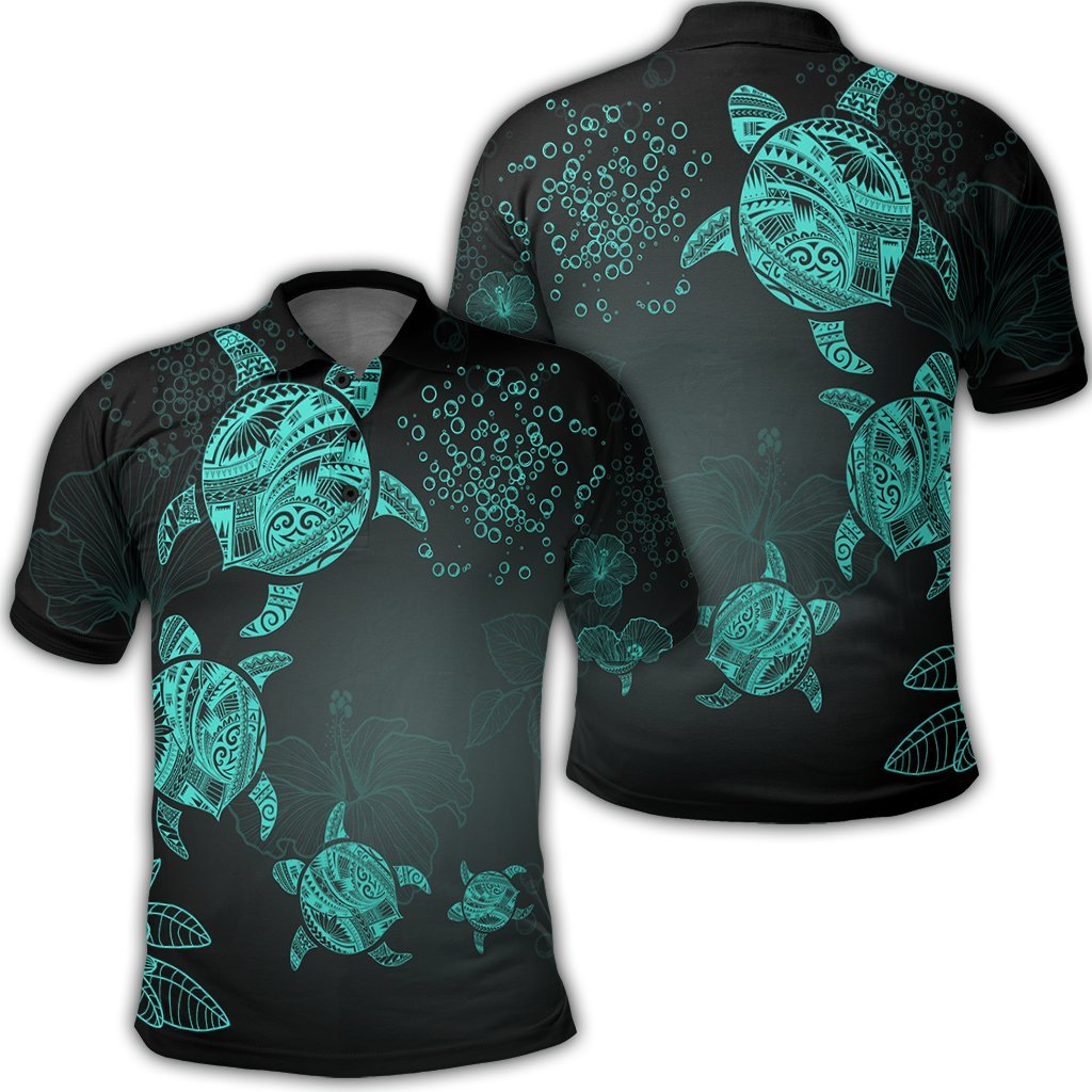 Hawaiian Plumeria Hibiscus Turtle Under Sea Polynesian Polo Shirt Blue Unisex Black - Polynesian Pride