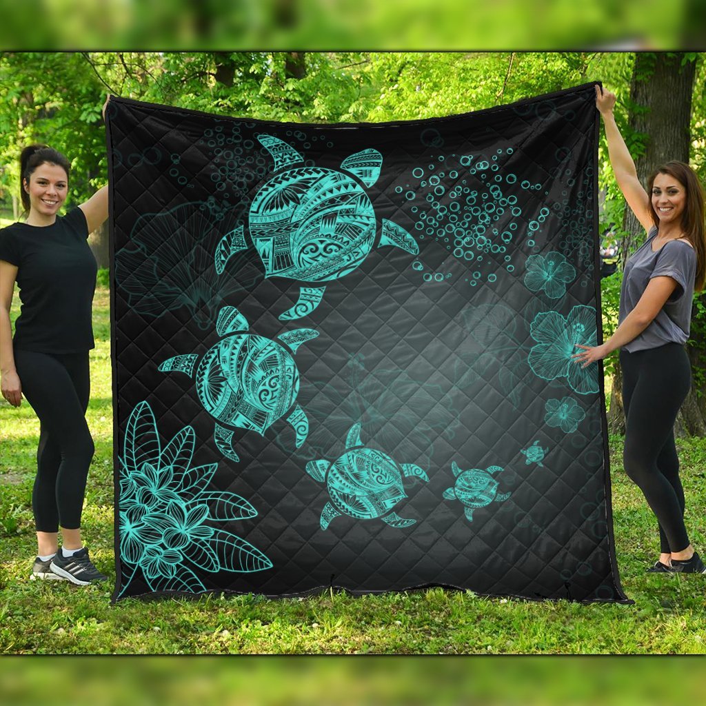 Hawaiian Plumeria Hibiscus Turtle Under Sea Polynesian Premium Quilts Blue AH Black - Polynesian Pride