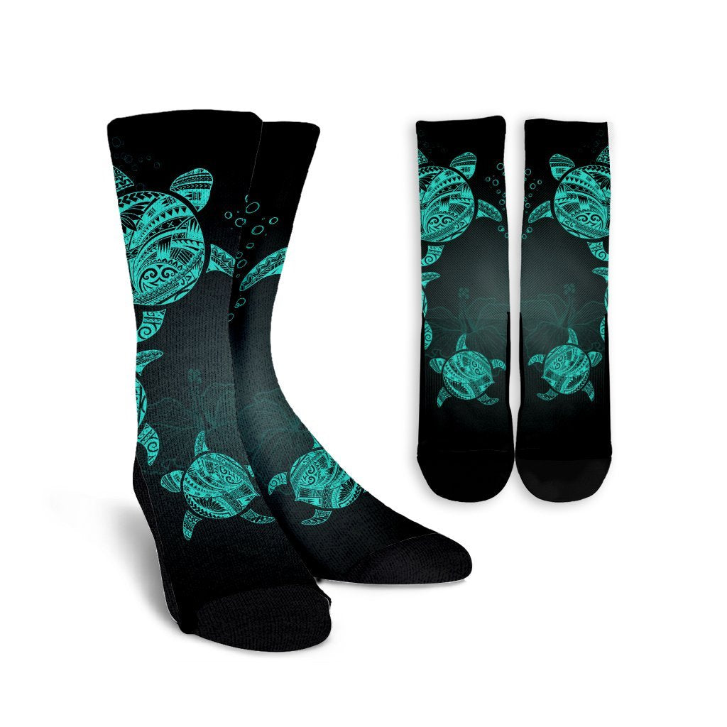 Hawaiian Plumeria Hibiscus Turtle Under Sea Polynesian Crew Socks Blue AH Crew Socks White - Polynesian Pride