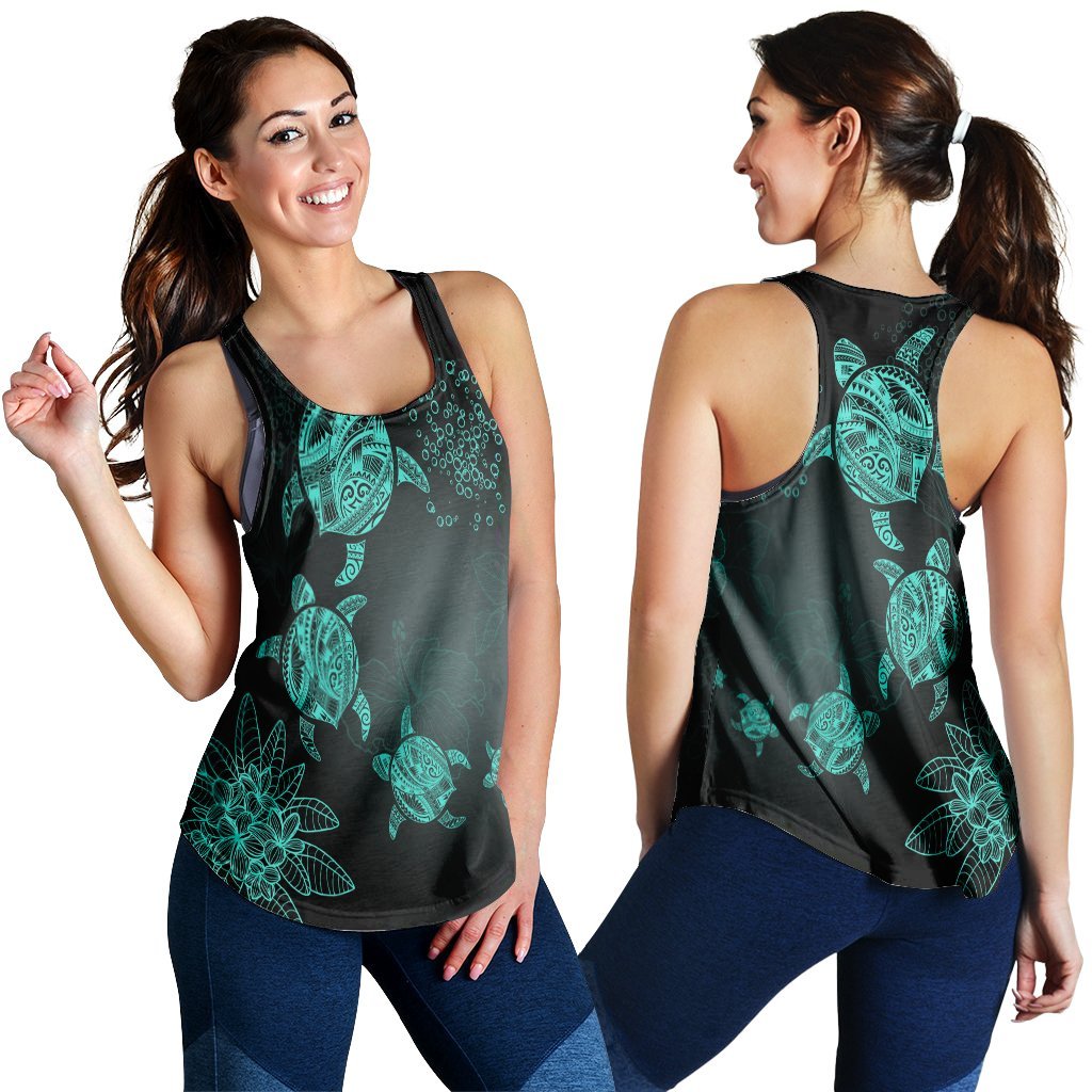 Hawaiian Plumeria Hibiscus Turtle Under Sea Polynesian Racerback Tank Blue AH Black - Polynesian Pride