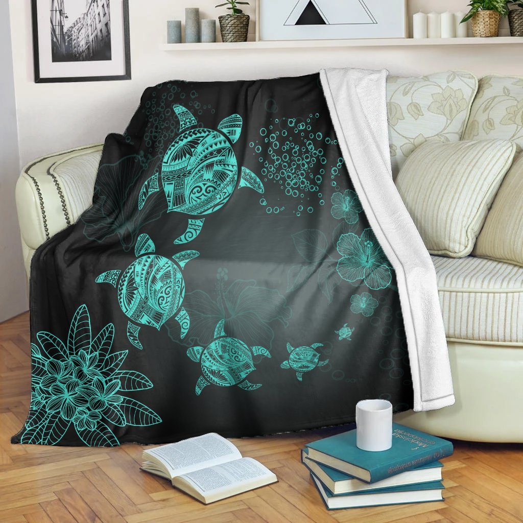 Hawaiian Plumeria Hibiscus Turtle Under Sea Polynesian Premium Blankets Blue AH White - Polynesian Pride