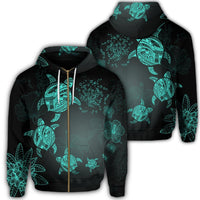 Hawaiian Plumeria Hibiscus Turtle Under Sea Polynesian Zip Hoodie Blue Unisex Art - Polynesian Pride