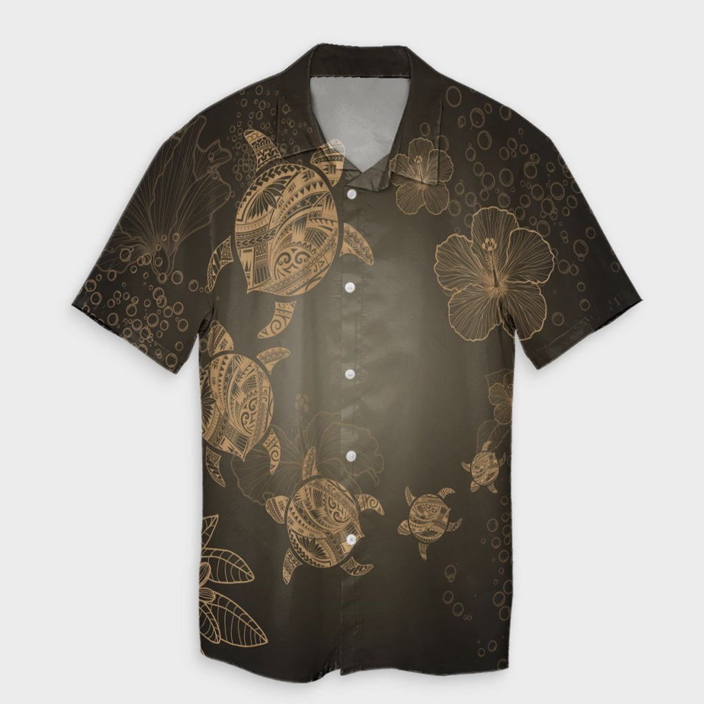 Hawaiian Plumeria Hibiscus Turtle Under Sea Polynesian Hawaiian Shirt Gold AH Unisex Black - Polynesian Pride