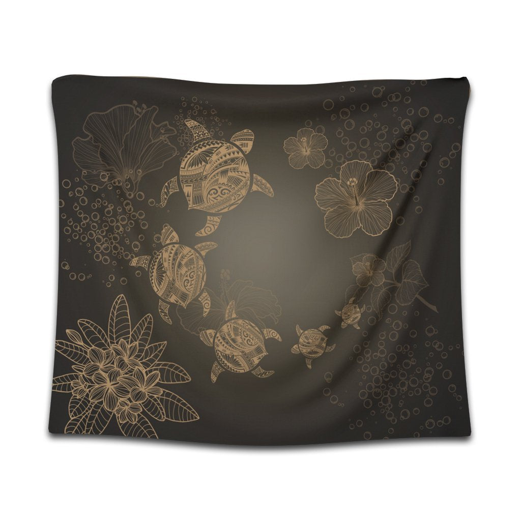 Hawaiian Plumeria Hibiscus Turtle Under Sea Polynesian Tapestry Gold AH Wall Tapestry Black - Polynesian Pride