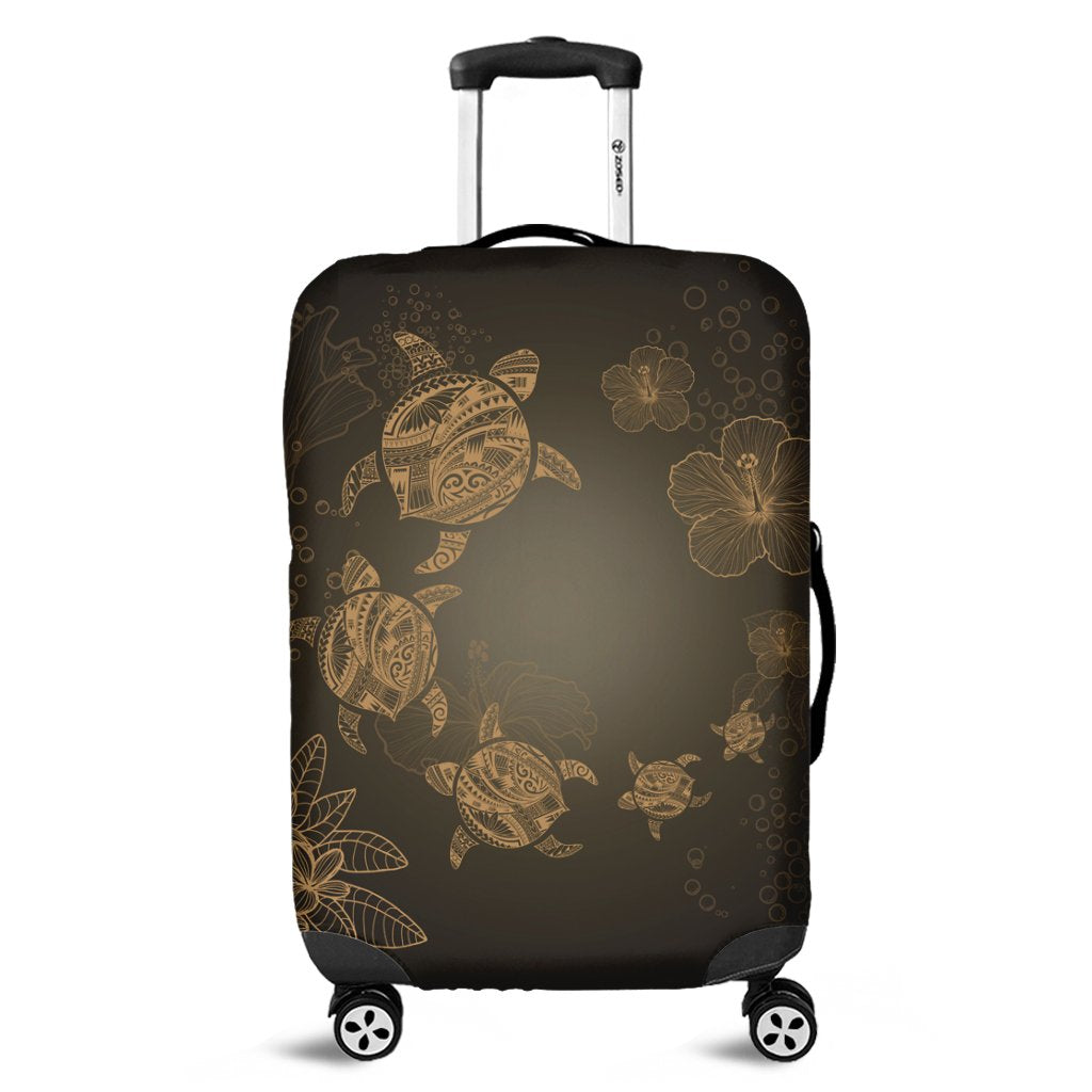 Hawaiian Plumeria Hibiscus Turtle Under Sea Polynesian Luggage Covers Gold AH Black - Polynesian Pride