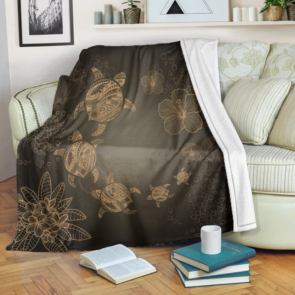 Hawaiian Plumeria Hibiscus Turtle Under Sea Polynesian Premium Blankets Gold AH White - Polynesian Pride