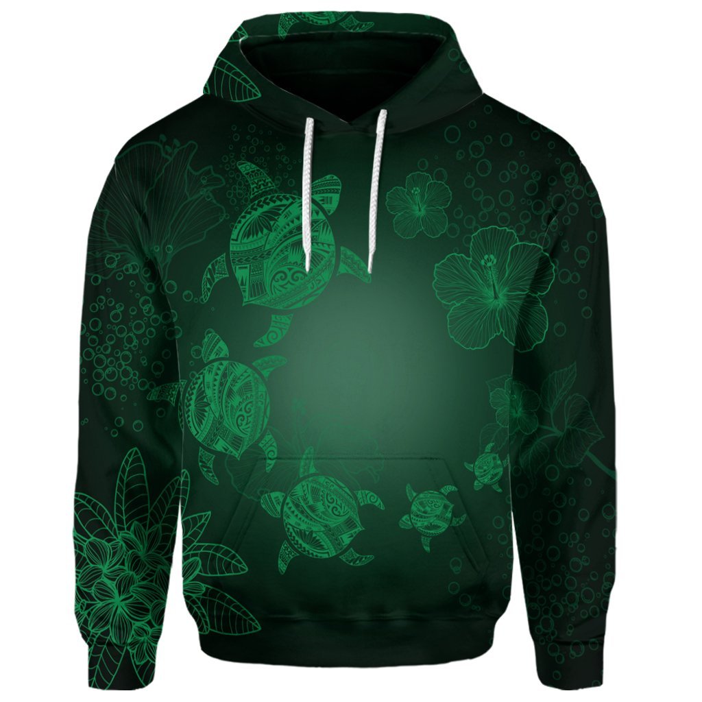 Custom Hawaiian Plumeria Hibiscus Turtle Under Sea Polynesian Hoodie Green - Polynesian Pride