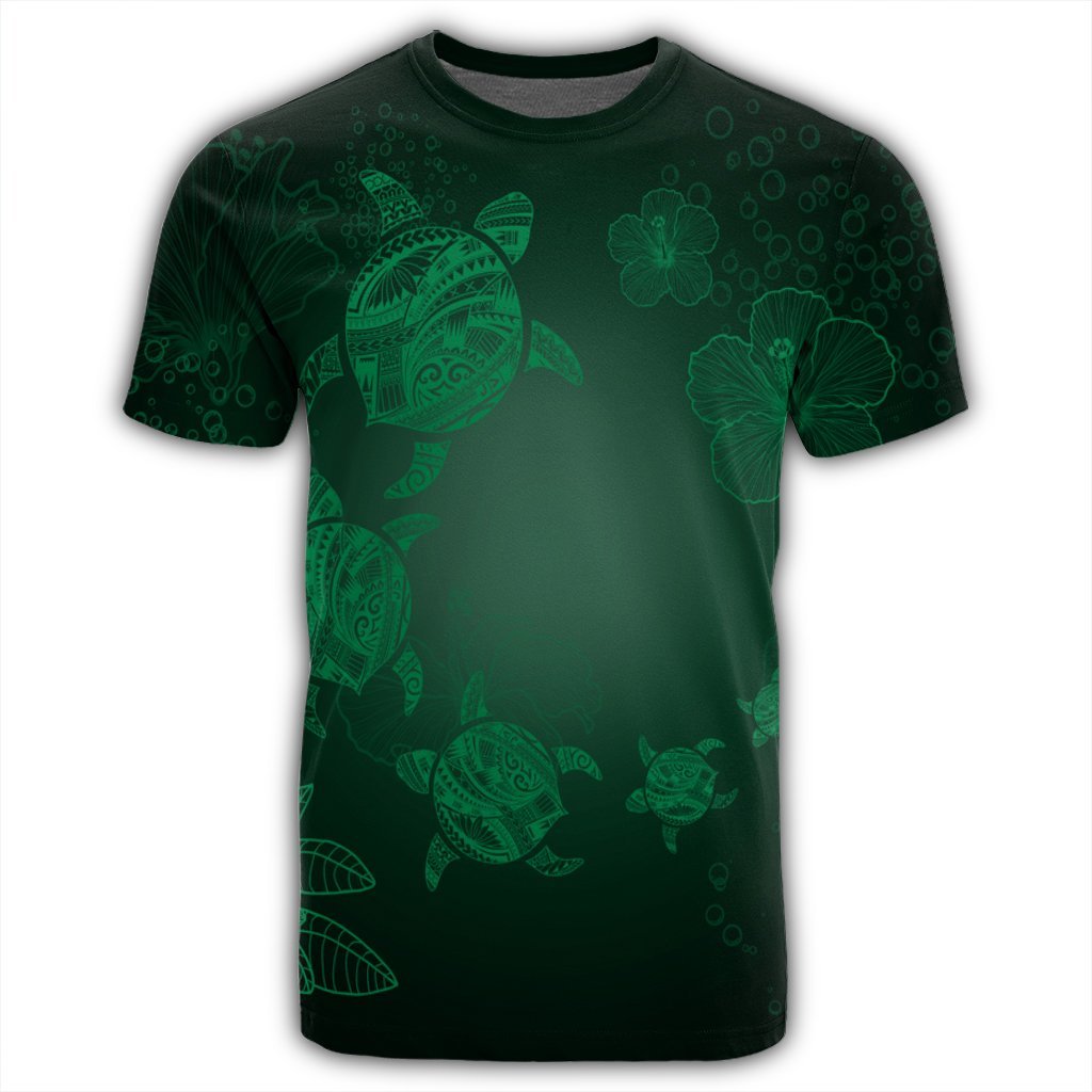 Hawaiian Plumeria Hibiscus Turtle Under Sea Polynesian T Shirt Green AH - Polynesian Pride