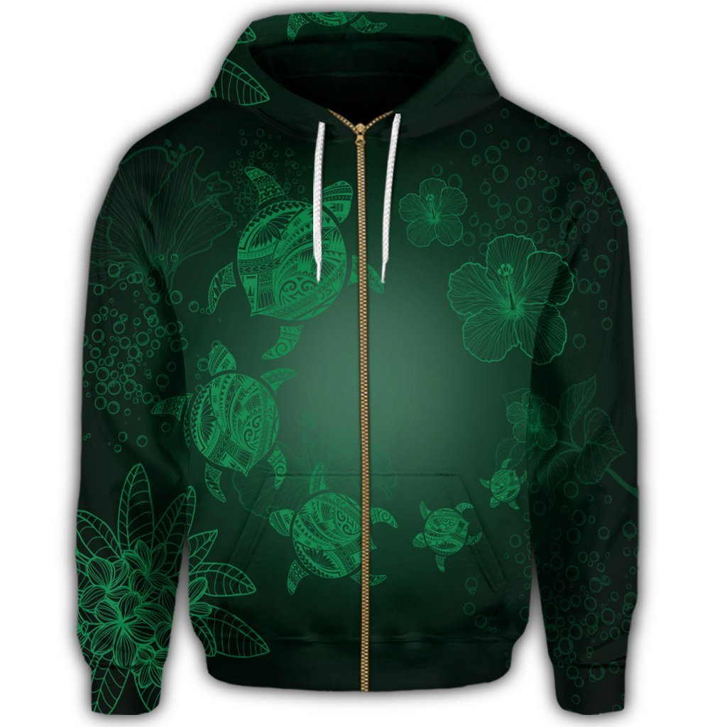 Hawaiian Plumeria Hibiscus Turtle Under Sea Polynesian Zip Hoodie Green - Polynesian Pride