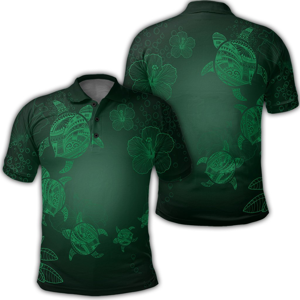 Hawaiian Plumeria Hibiscus Turtle Under Sea Polynesian Polo Shirt Green Unisex Black - Polynesian Pride