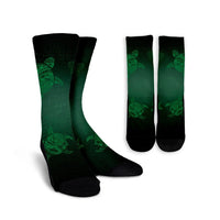 Hawaiian Plumeria Hibiscus Turtle Under Sea Polynesian Crew Socks Green AH Crew Socks White - Polynesian Pride
