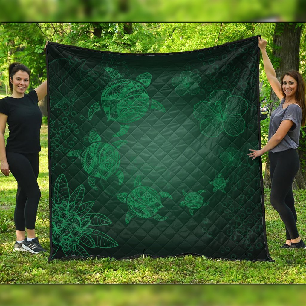 Hawaiian Plumeria Hibiscus Turtle Under Sea Polynesian Premium Quilts Green AH Black - Polynesian Pride