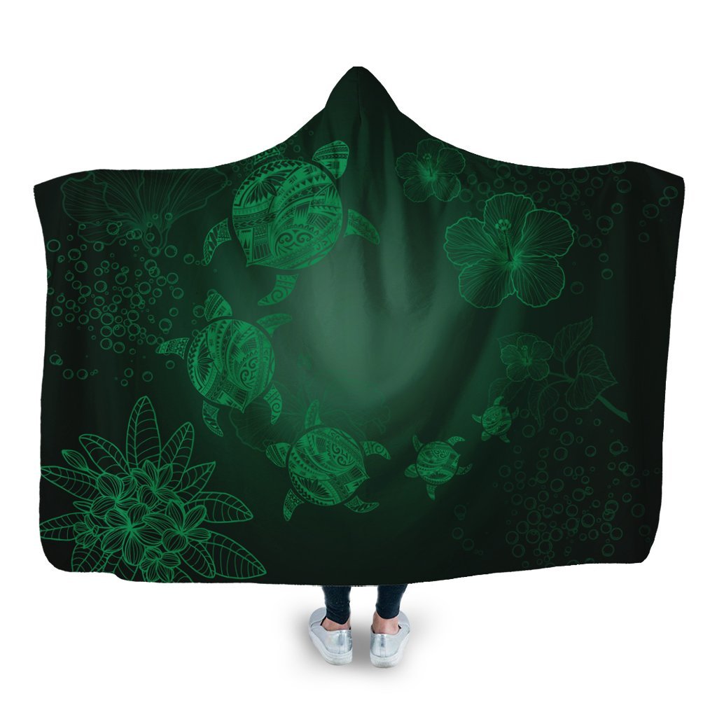 Hawaiian Plumeria Hibiscus Turtle Under Sea Polynesian Hooded Blanket Green AH Hooded Blanket White - Polynesian Pride