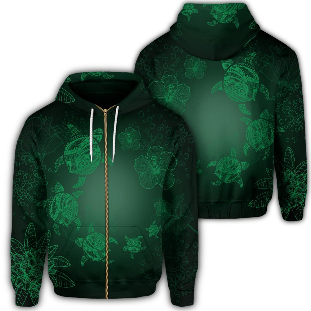 Hawaiian Plumeria Hibiscus Turtle Under Sea Polynesian Zip Hoodie Green Unisex Art - Polynesian Pride