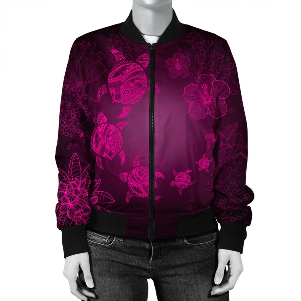 Hawaiian Plumeria Hibiscus Turtle Under Sea Polynesian Bomber Jacket Pink AH - Polynesian Pride