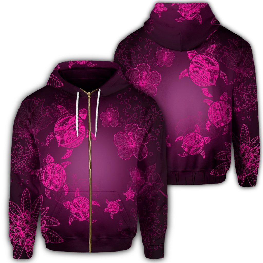 Hawaiian Plumeria Hibiscus Turtle Under Sea Polynesian Zip Hoodie Pink Unisex Art - Polynesian Pride