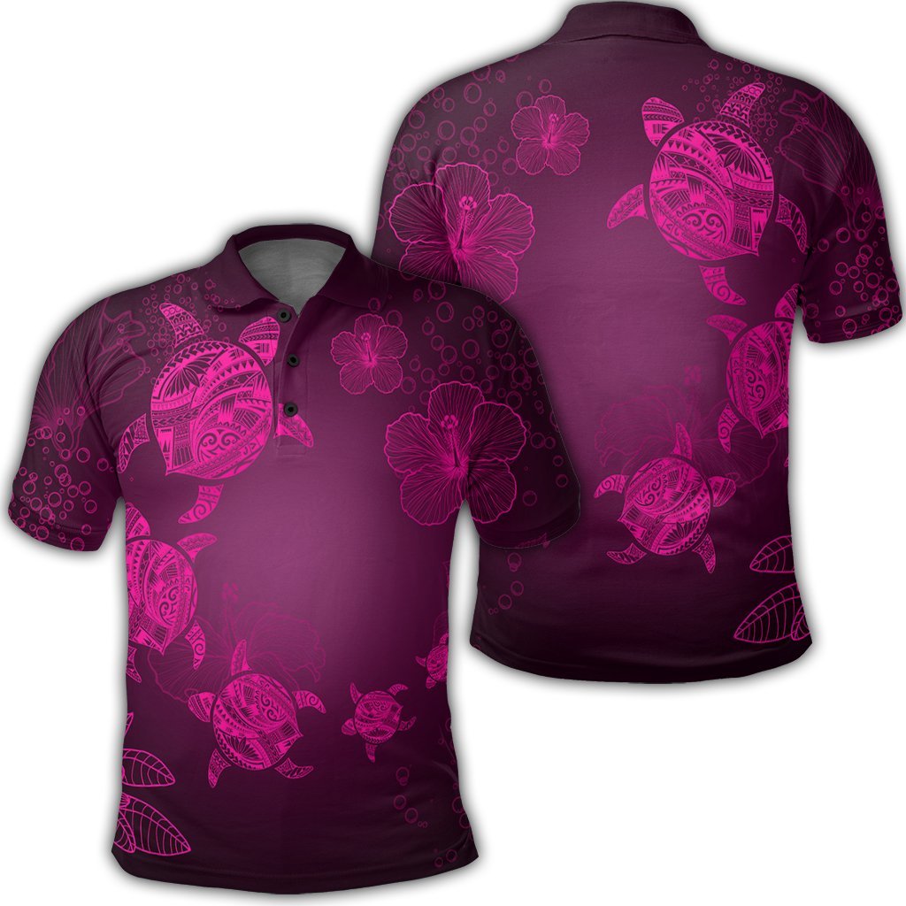 Hawaiian Plumeria Hibiscus Turtle Under Sea Polynesian Polo Shirt Pink Unisex Black - Polynesian Pride