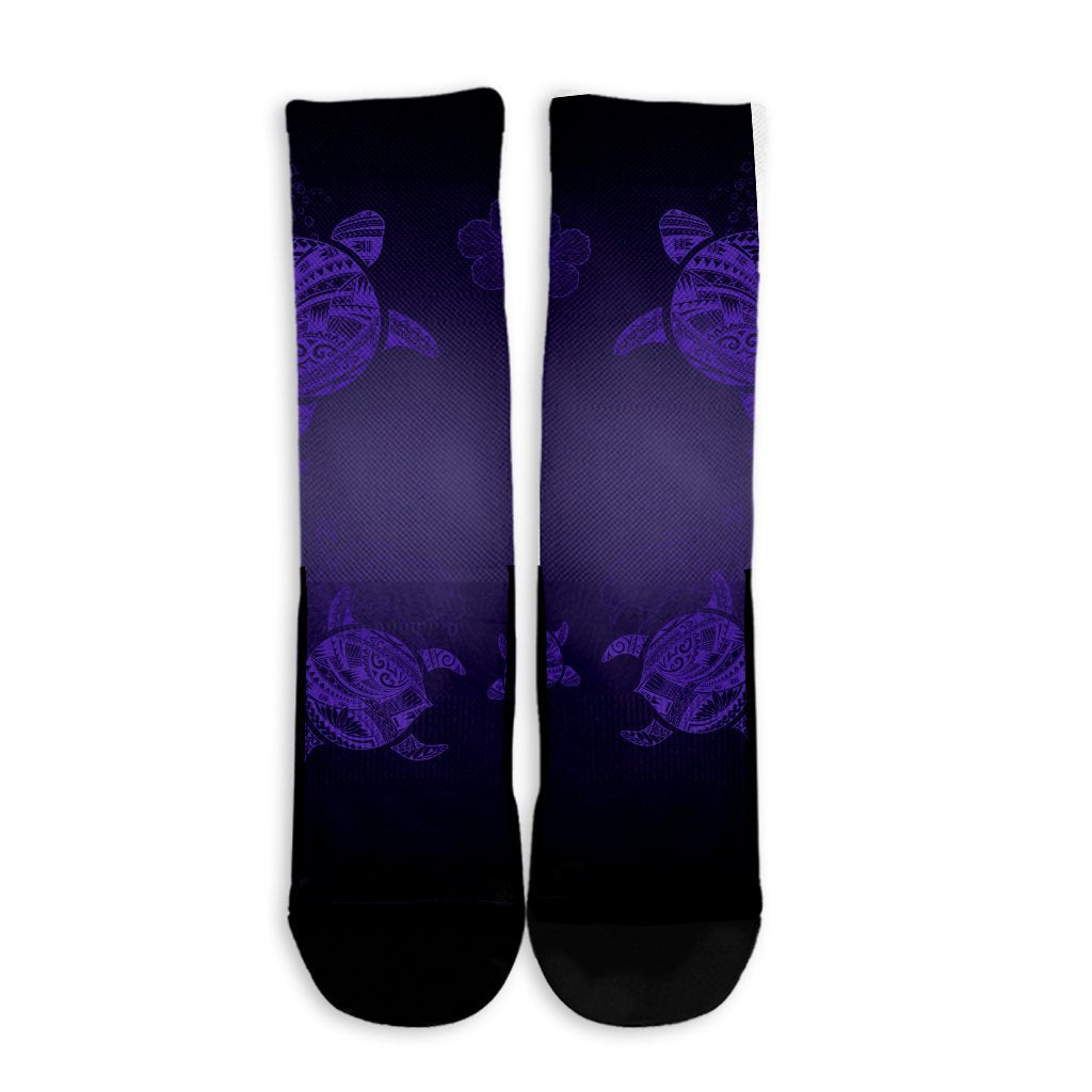 Hawaiian Plumeria Hibiscus Turtle Under Sea Polynesian Crew Socks Purple AH - Polynesian Pride
