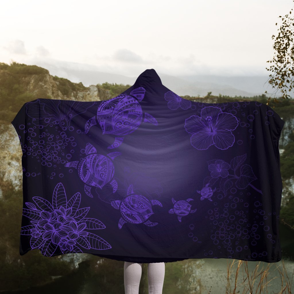 Hawaiian Plumeria Hibiscus Turtle Under Sea Polynesian Hooded Blanket Purple AH - Polynesian Pride