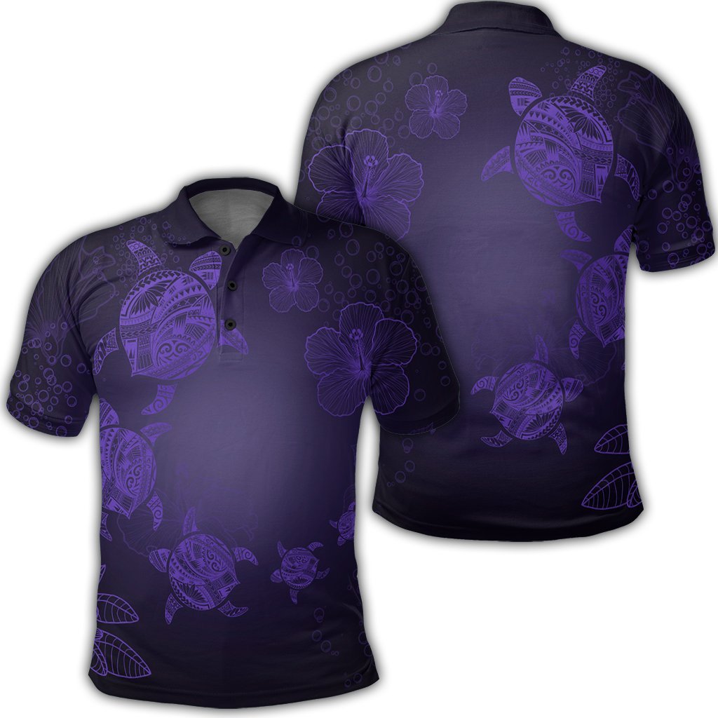 Hawaiian Plumeria Hibiscus Turtle Under Sea Polynesian Polo Shirt Purple Unisex Black - Polynesian Pride