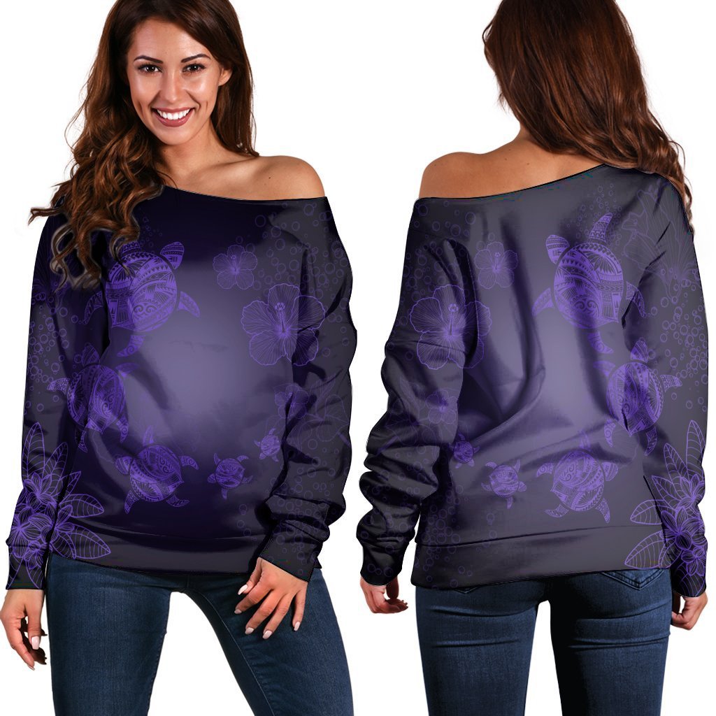 Hawaiian Plumeria Hibiscus Turtle Under Sea Polynesian Women's Off Shoulder Sweater Purple AH Black - Polynesian Pride