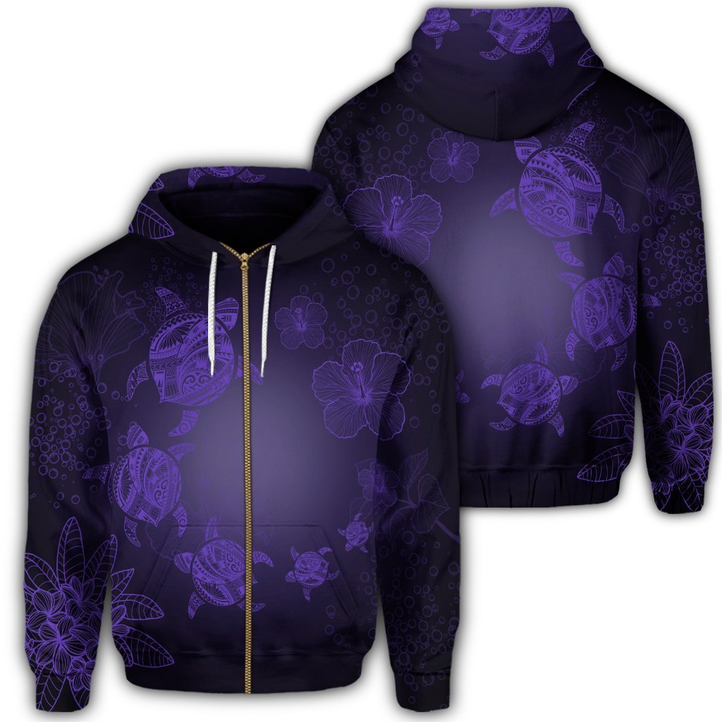 Hawaiian Plumeria Hibiscus Turtle Under Sea Polynesian Zip Hoodie Purple Unisex Art - Polynesian Pride