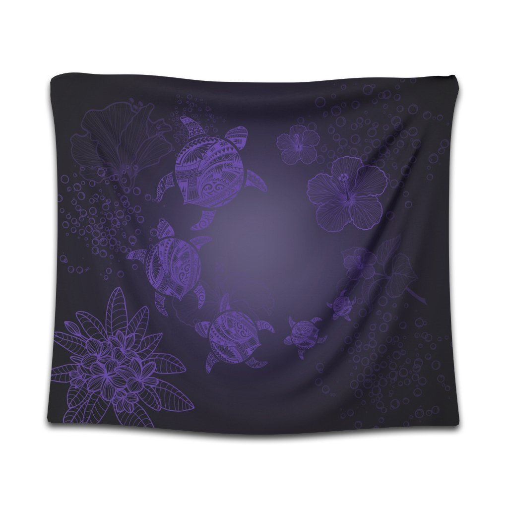 Hawaiian Plumeria Hibiscus Turtle Under Sea Polynesian Tapestry Purple AH Wall Tapestry Black - Polynesian Pride