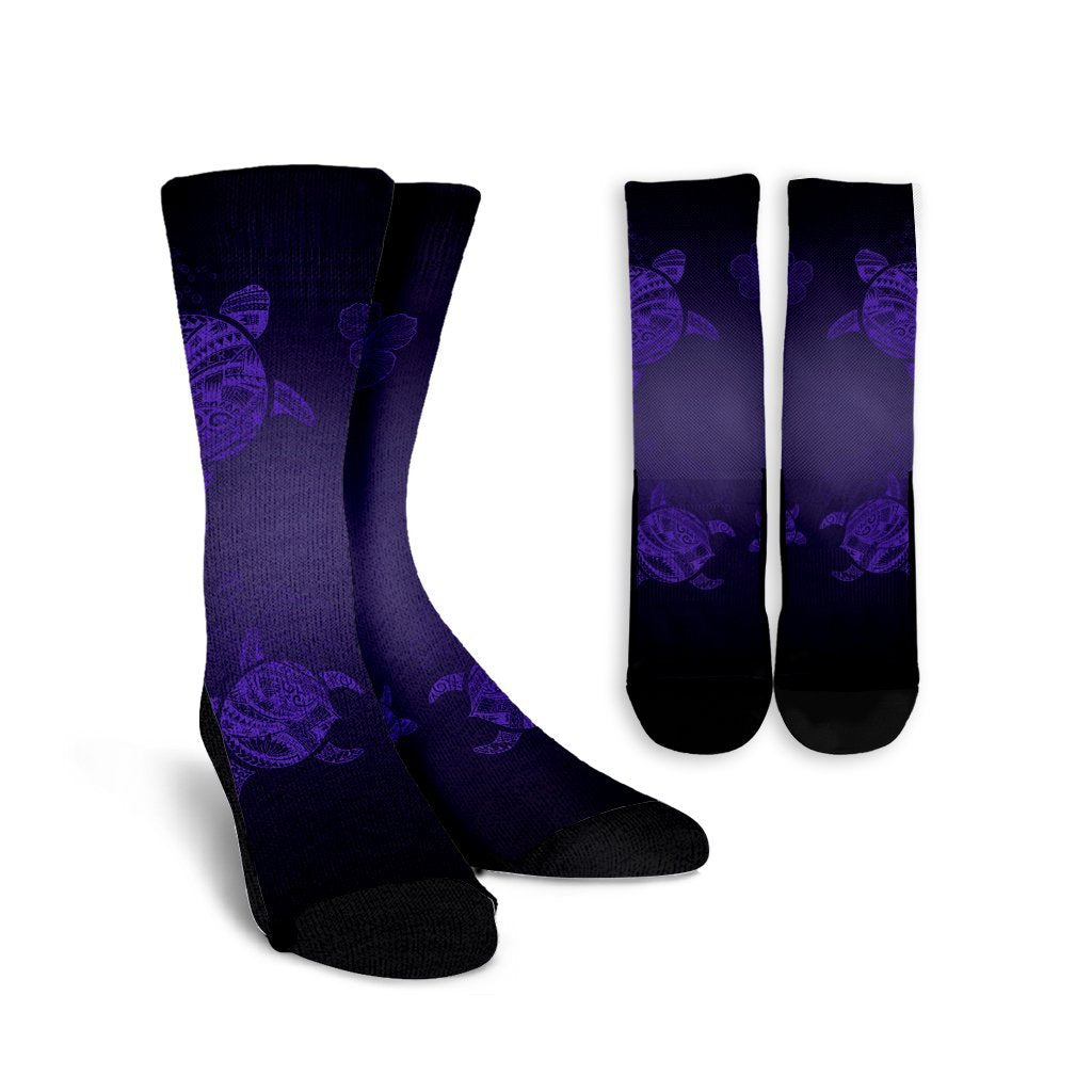 Hawaiian Plumeria Hibiscus Turtle Under Sea Polynesian Crew Socks Purple AH Crew Socks White - Polynesian Pride